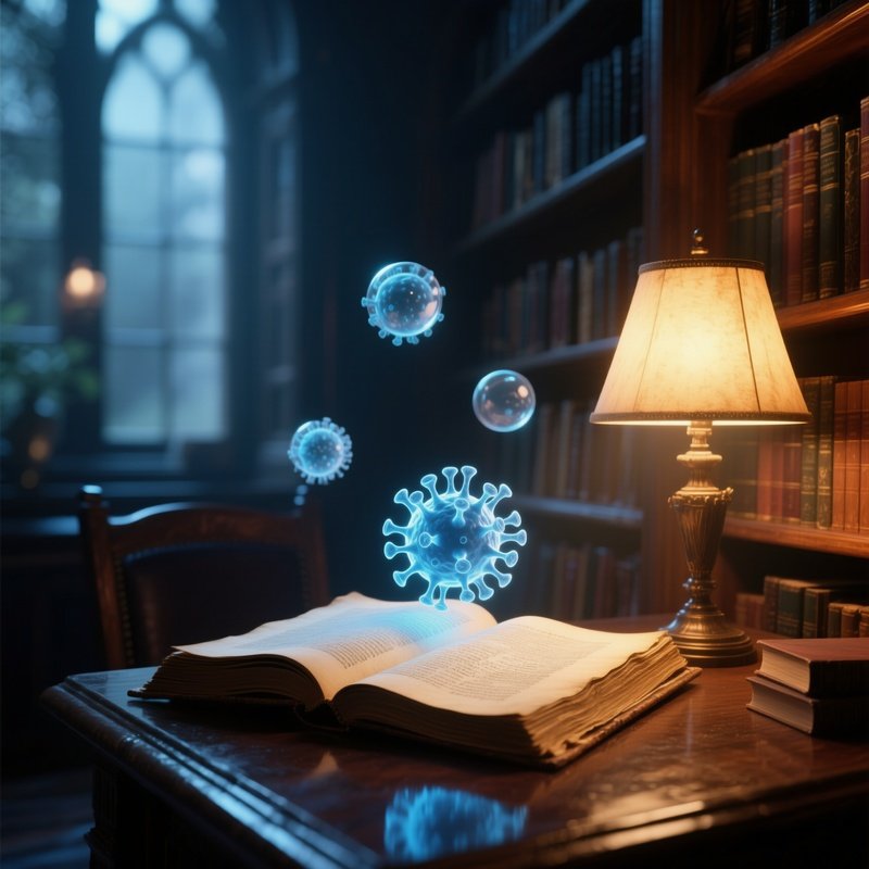 A Quiet Library Reading Nook Under Warm Lamp Light, Where Floating Translucent Virus Orbs Orbit An