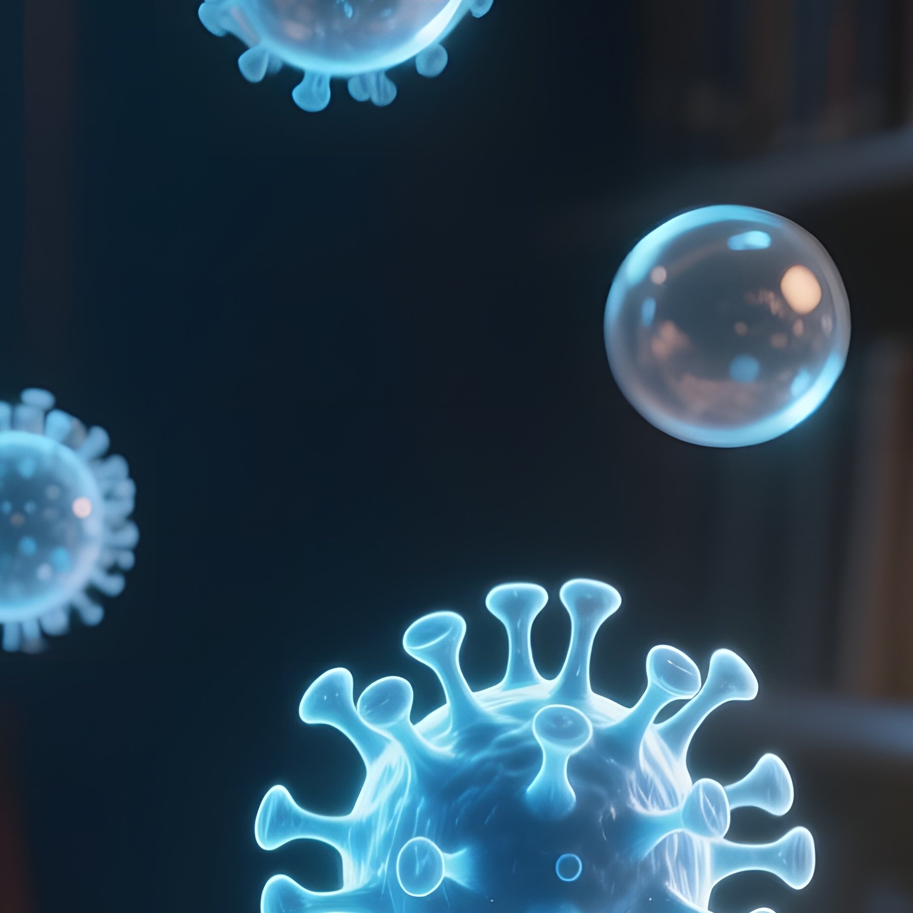 A Quiet Library Reading Nook Under Warm Lamp Light, Where Floating Translucent Virus Orbs Orbit An - Full Resolution Quality Preview