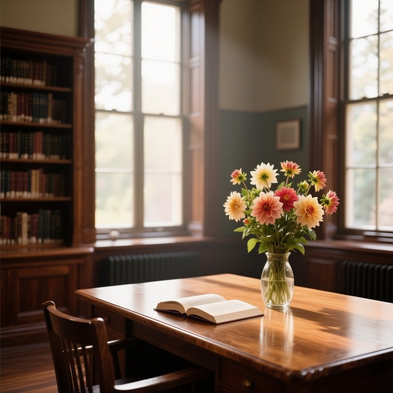 A Quiet Library Reading Nook With A Vase Of Fresh Cut Dahlias On An Oak Desk, Sunlight Streaming