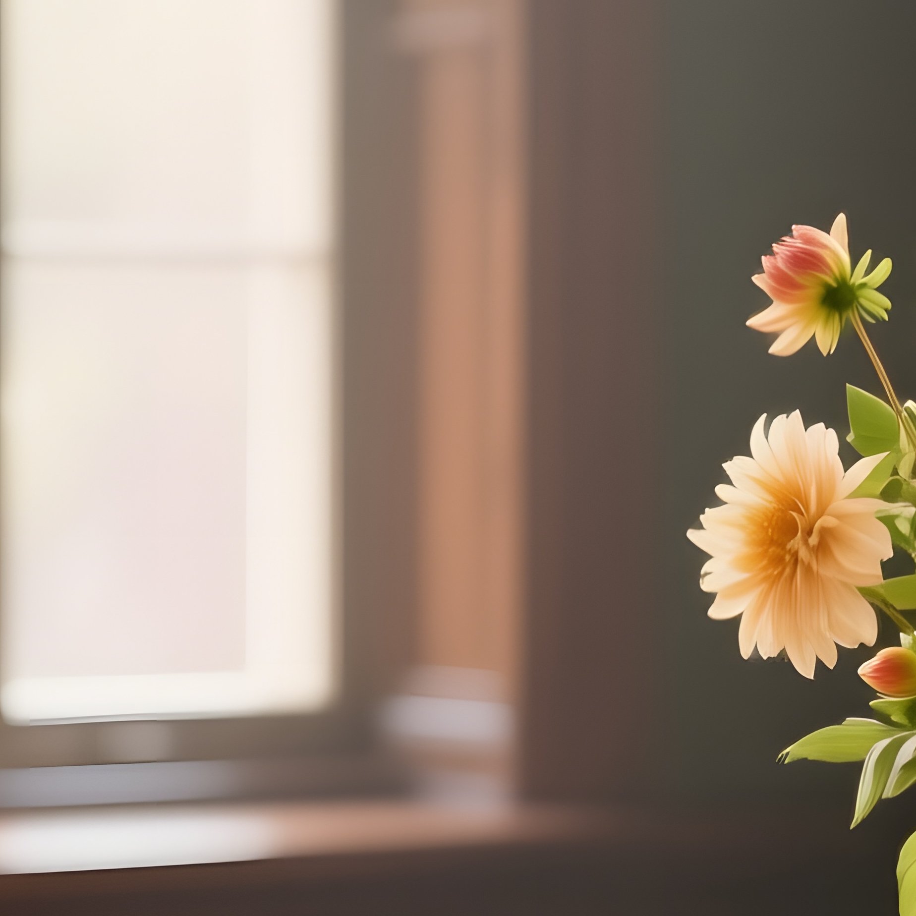 A Quiet Library Reading Nook With A Vase Of Fresh Cut Dahlias On An Oak Desk, Sunlight Streaming - Full Resolution Quality Preview