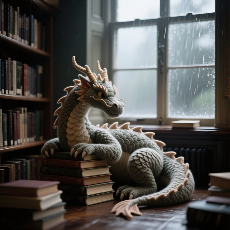 A Quiet Library Reading Nook With A Window View Of Rain, Featuring A Plush Wool Dragon Curled