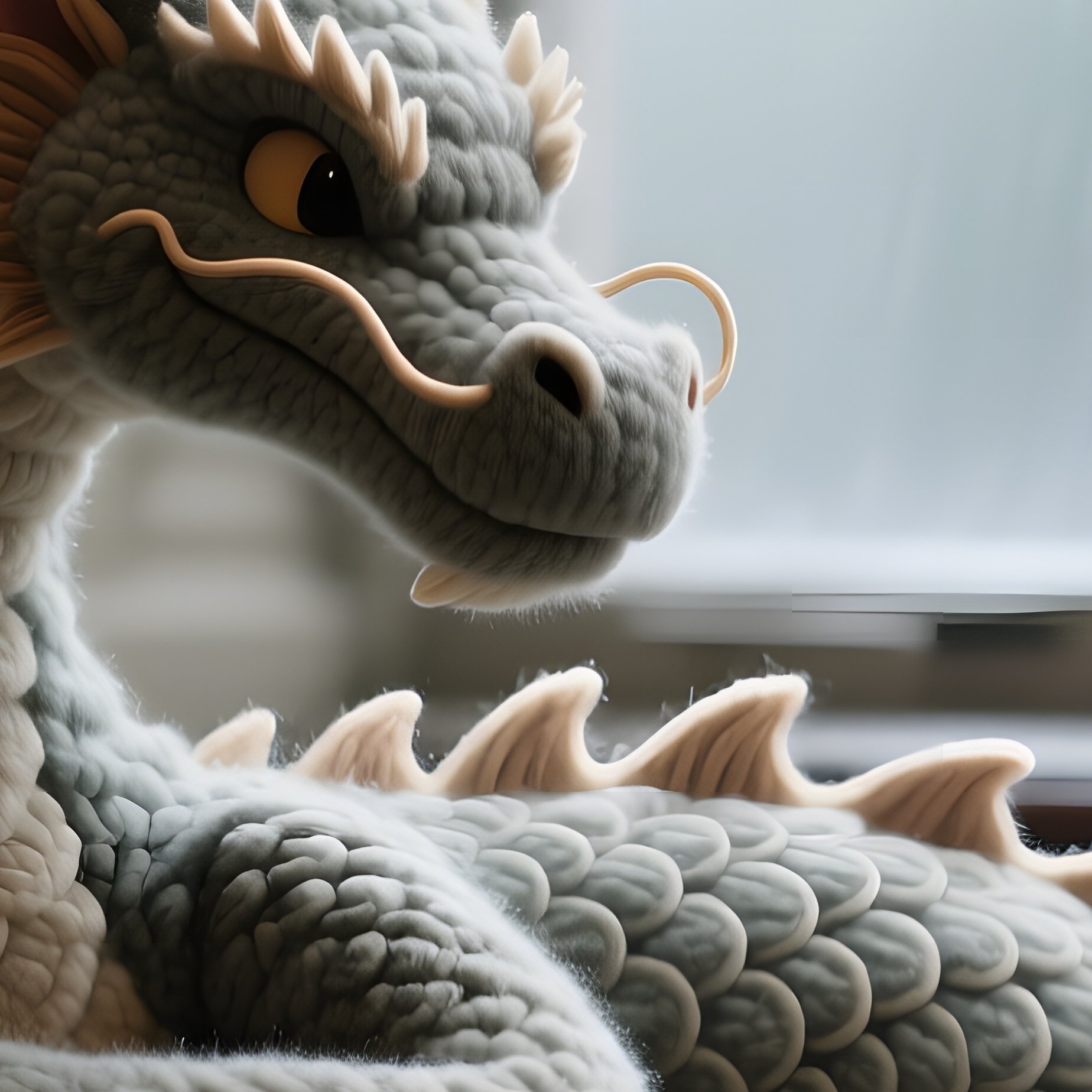 A Quiet Library Reading Nook With A Window View Of Rain, Featuring A Plush Wool Dragon Curled - Full Resolution Quality Preview