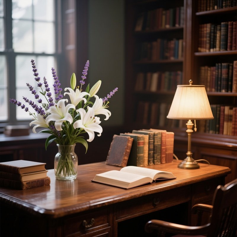 A Quiet Library Reading Nook With A Wooden Desk Holding A Delicate Arrangement Of White Lilies,