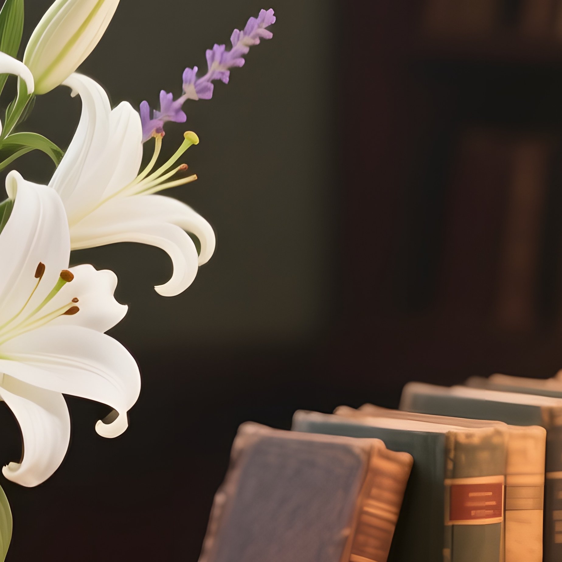 A Quiet Library Reading Nook With A Wooden Desk Holding A Delicate Arrangement Of White Lilies, - Full Resolution Quality Preview