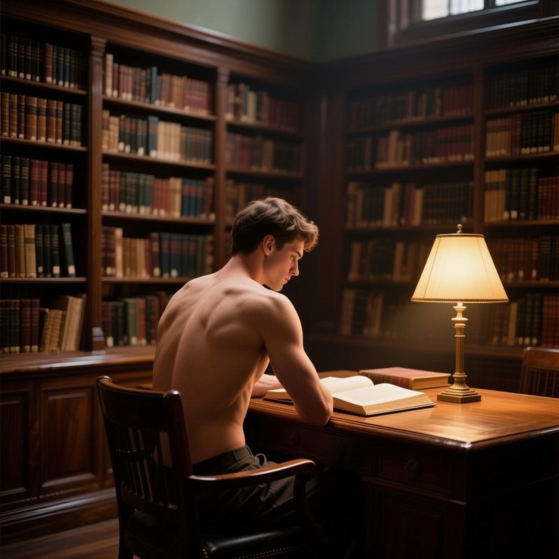 A Quiet Library Reading Room, A Nude Scholar Seated At A Wooden Desk, Warm Lamplight Highlighting