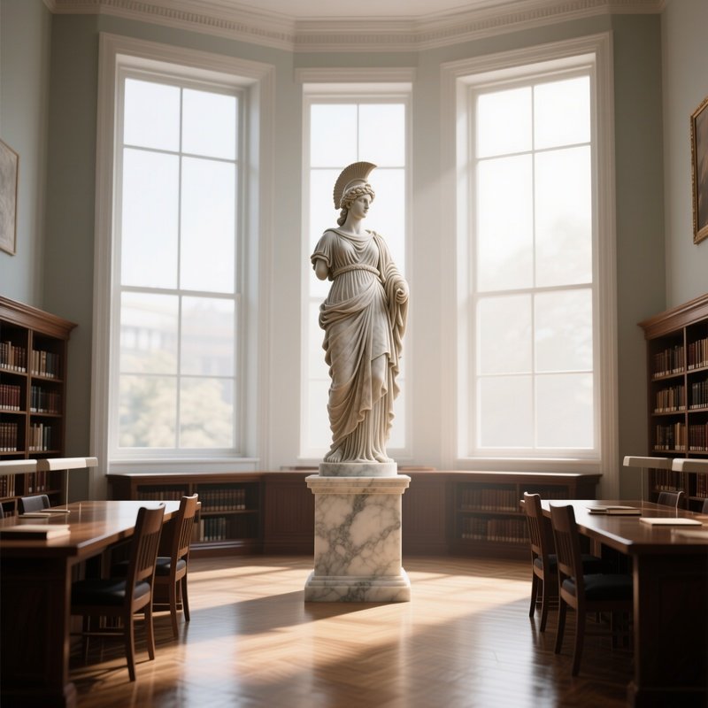 A Quiet Library Reading Room Featuring A Marble Statue Of Athena Perched On A Pedestal, Bathed In