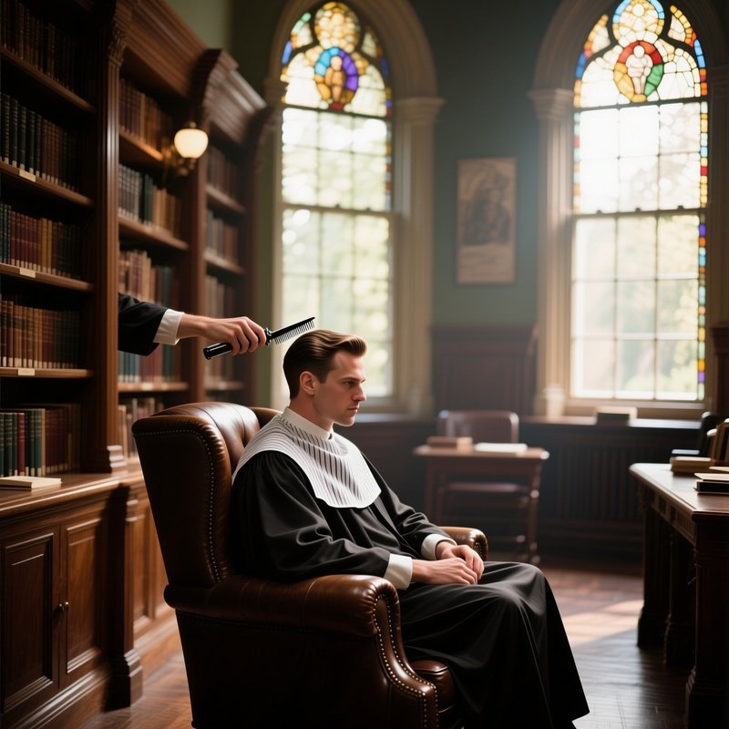 A Quiet Library Reading Room With Tall Wooden Shelves; A Scholar Sits In A Leather Armchair As A