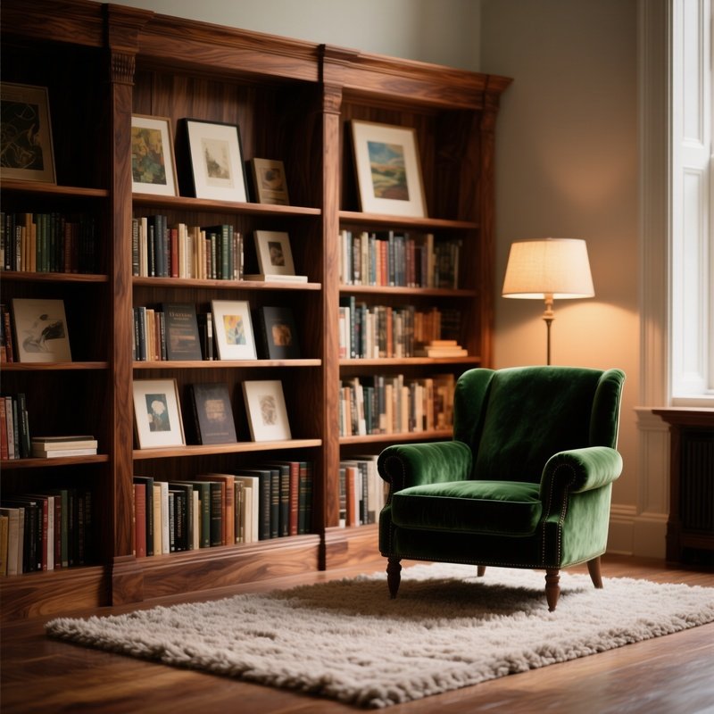 A Quiet Library Scene With A Handcrafted Walnut Bookshelf Filled With Curated Art Books, Paired With A Deep Green Velvet Armchair And A Soft Wool Rug Under Warm Ambient Lighting