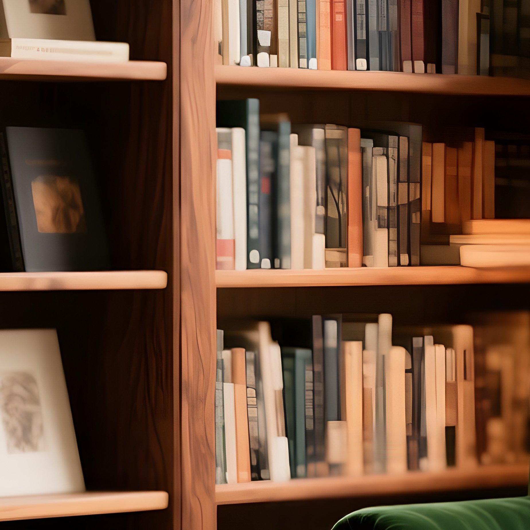 A Quiet Library Scene With A Handcrafted Walnut Bookshelf Filled With Curated Art Books, Paired With A Deep Green Velvet Armchair And A Soft Wool Rug Under Warm Ambient Lighting - Full Resolution Quality Preview