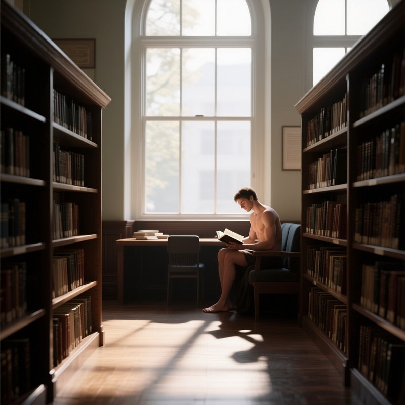 A Quiet Library Study Carrel With Large Windows, A Nude Scholar Reading By Natural Daylight,