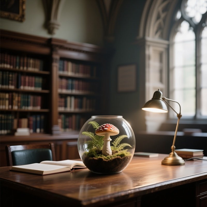A Quiet Library Study In An Old University Building, A Single Potted Mushroom Terrarium On A Desk,