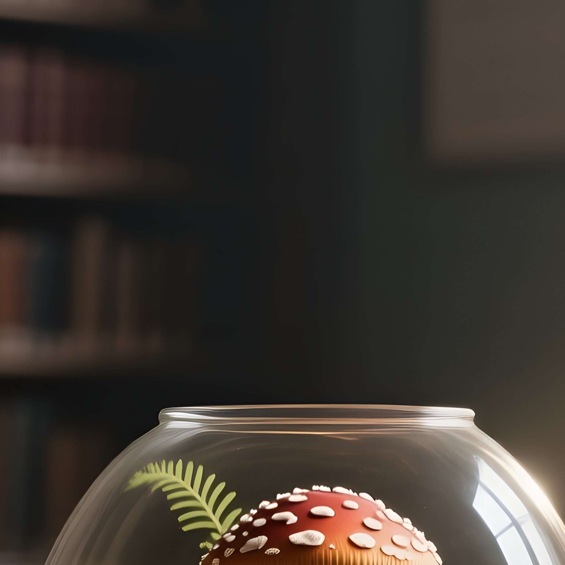 A Quiet Library Study In An Old University Building, A Single Potted Mushroom Terrarium On A Desk, - Full Resolution Quality Preview
