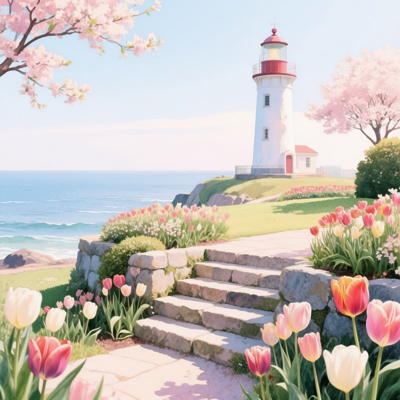 A Quiet Lighthouse Garden In Spring, Tulips Blooming Around Stone Steps, Watercolor Pastel Colors