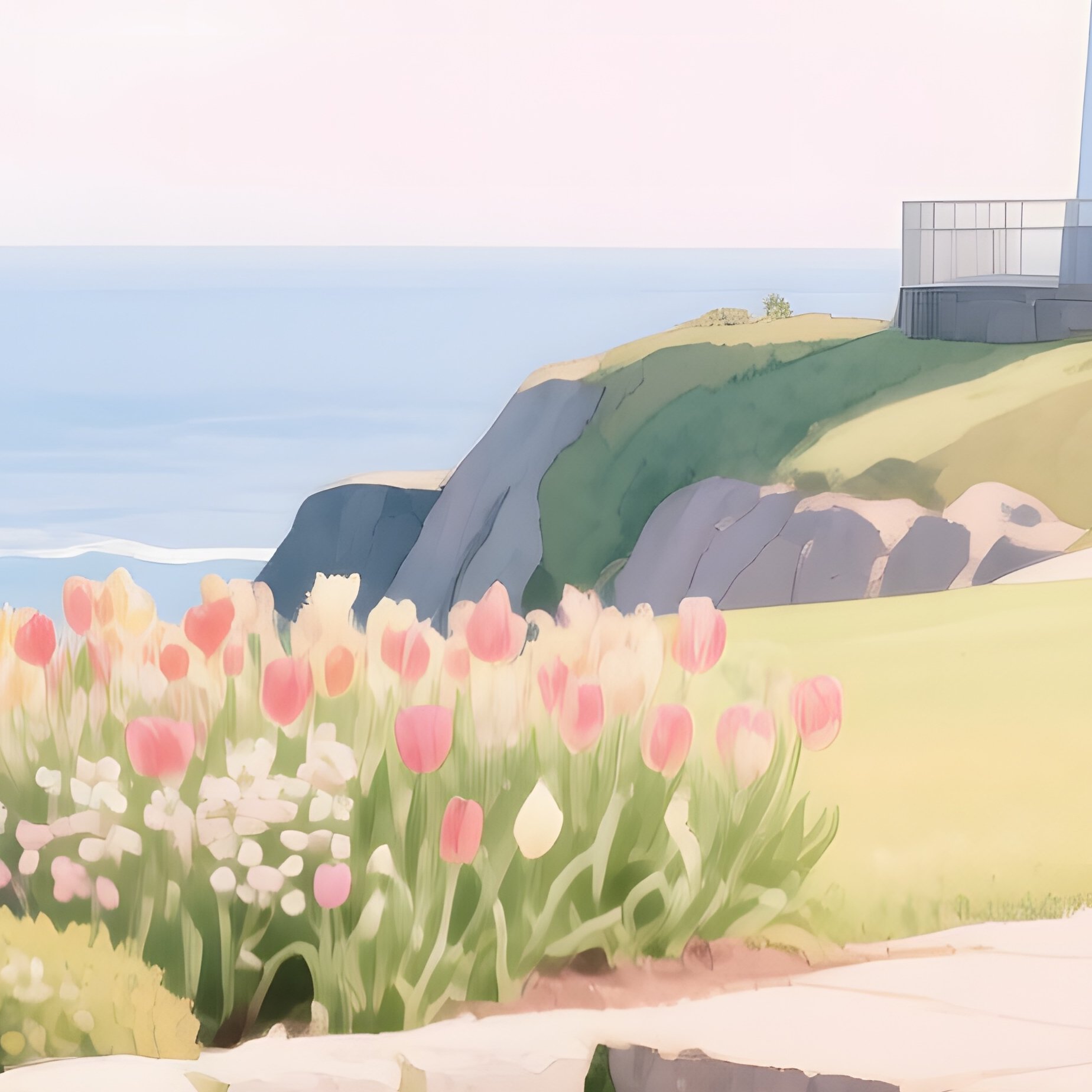A Quiet Lighthouse Garden In Spring, Tulips Blooming Around Stone Steps, Watercolor Pastel Colors - Full Resolution Quality Preview