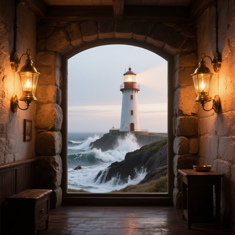 A Quiet Lighthouse Interior Bathed In Soft Amber Light, Brass Lanterns Flickering, Waves Crashing