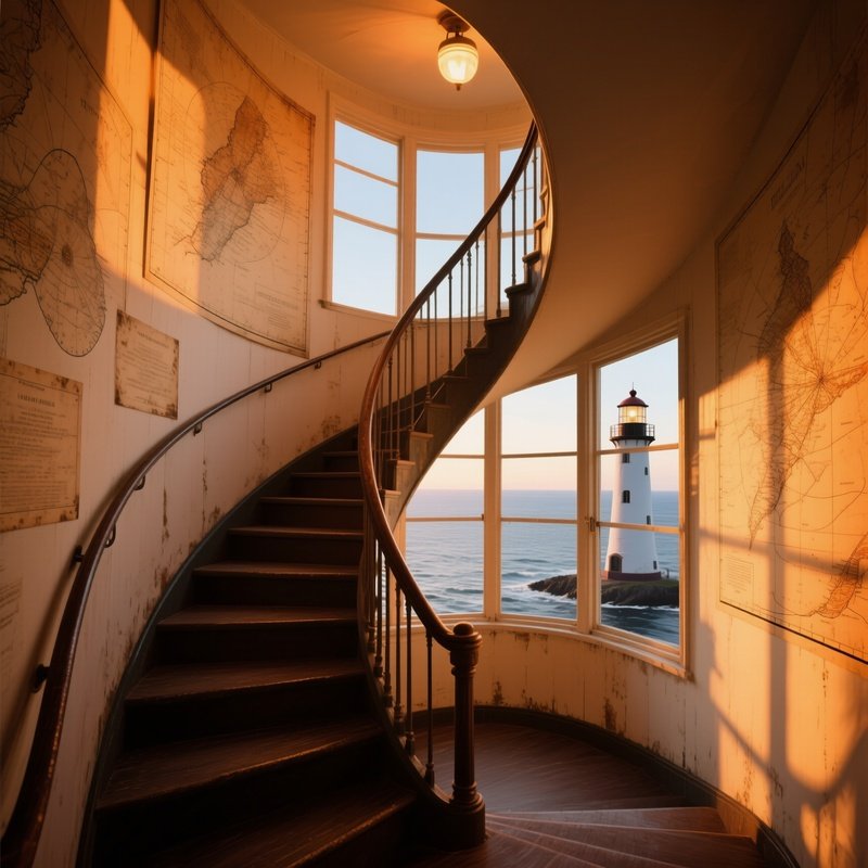 A Quiet Lighthouse Interior Spiraling Staircase Bathed In Warm Amber Light, Walls Adorned With