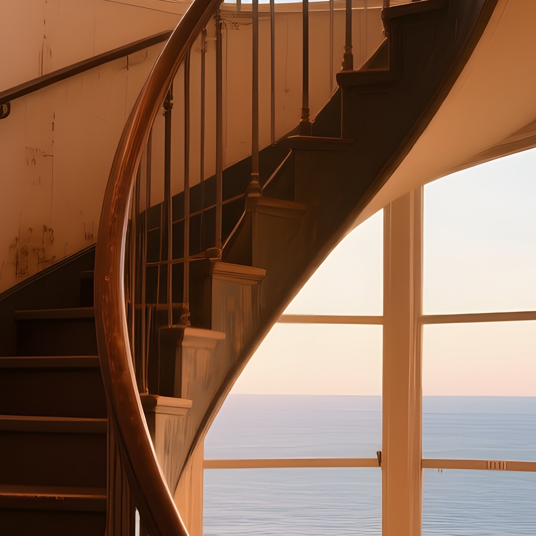 A Quiet Lighthouse Interior Spiraling Staircase Bathed In Warm Amber Light, Walls Adorned With - Full Resolution Quality Preview