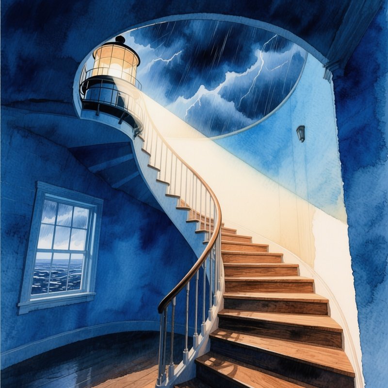 A Quiet Lighthouse Interior Staircase Spiraling Upward, Watercolors Blending Cool Blues And Warm