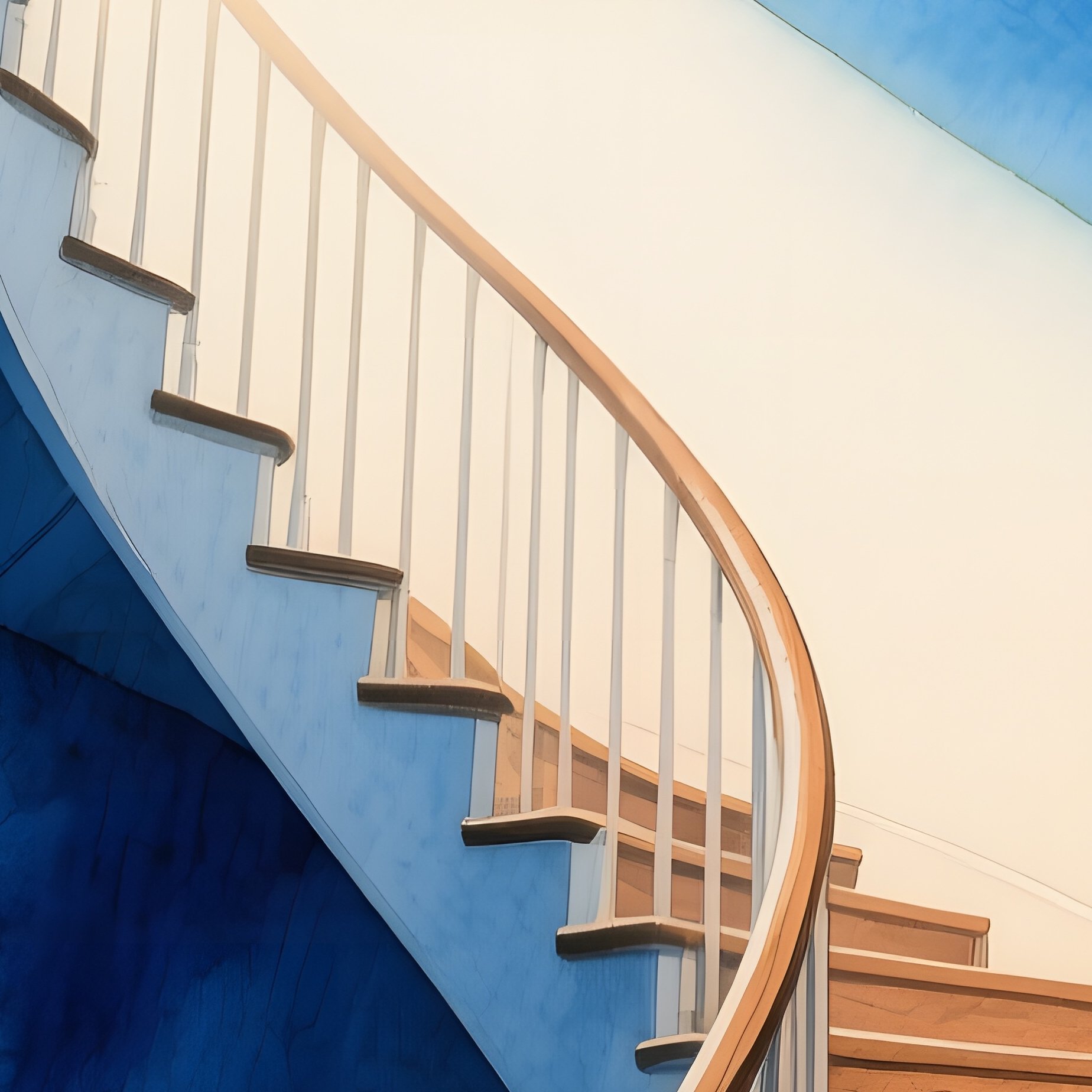 A Quiet Lighthouse Interior Staircase Spiraling Upward, Watercolors Blending Cool Blues And Warm - Full Resolution Quality Preview