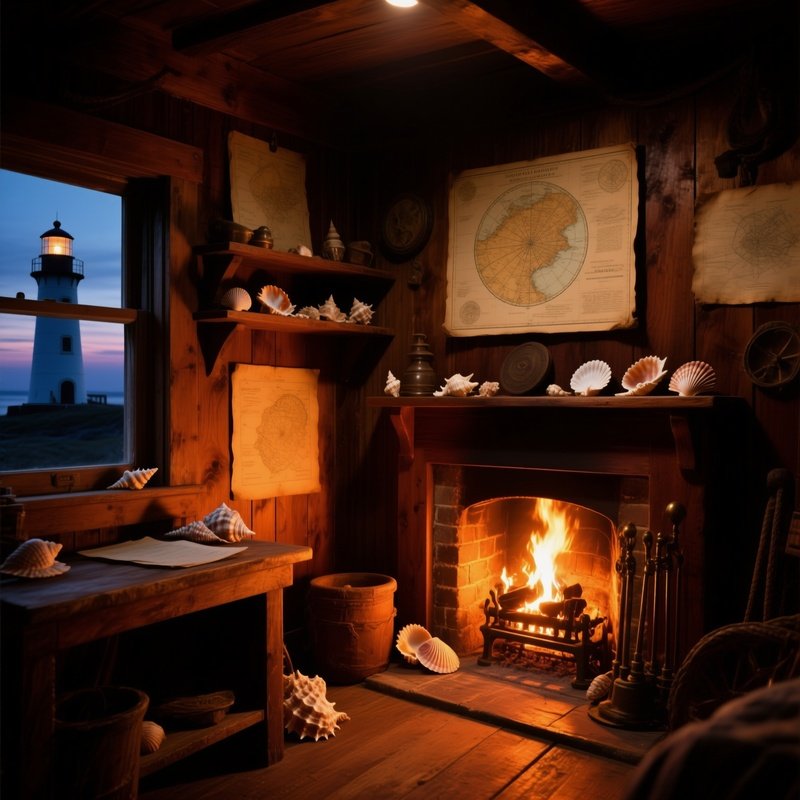 A Quiet Lighthouse Keeper S Quarters Lit By A Crackling Fireplace Amber Glow Spilling Onto Wooden