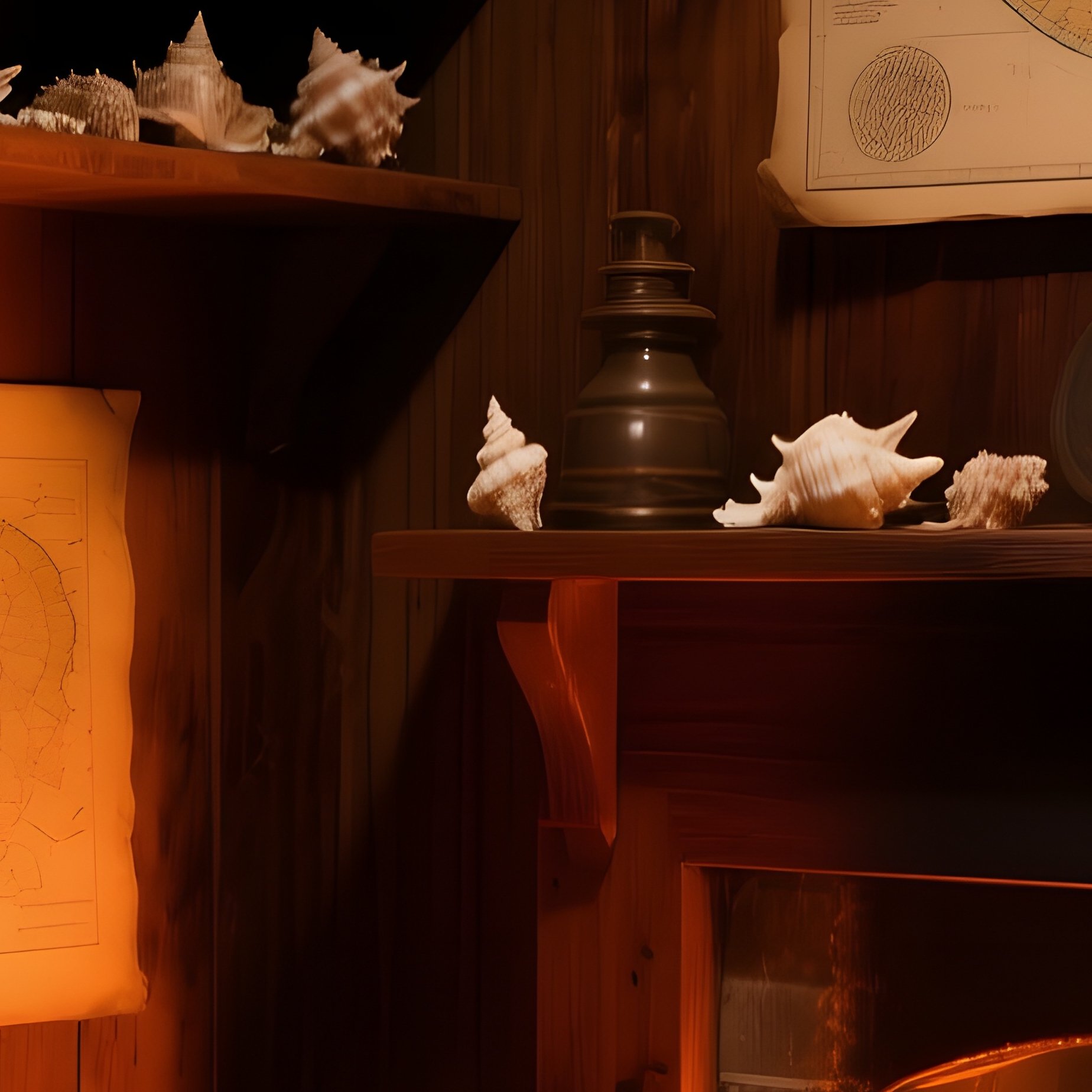 A Quiet Lighthouse Keeper S Quarters Lit By A Crackling Fireplace Amber Glow Spilling Onto Wooden - Full Resolution Quality Preview