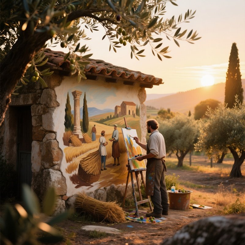 A Quiet Mediterranean Olive Grove At Golden Hour, Sun Filtering Through Leaves While An Artist