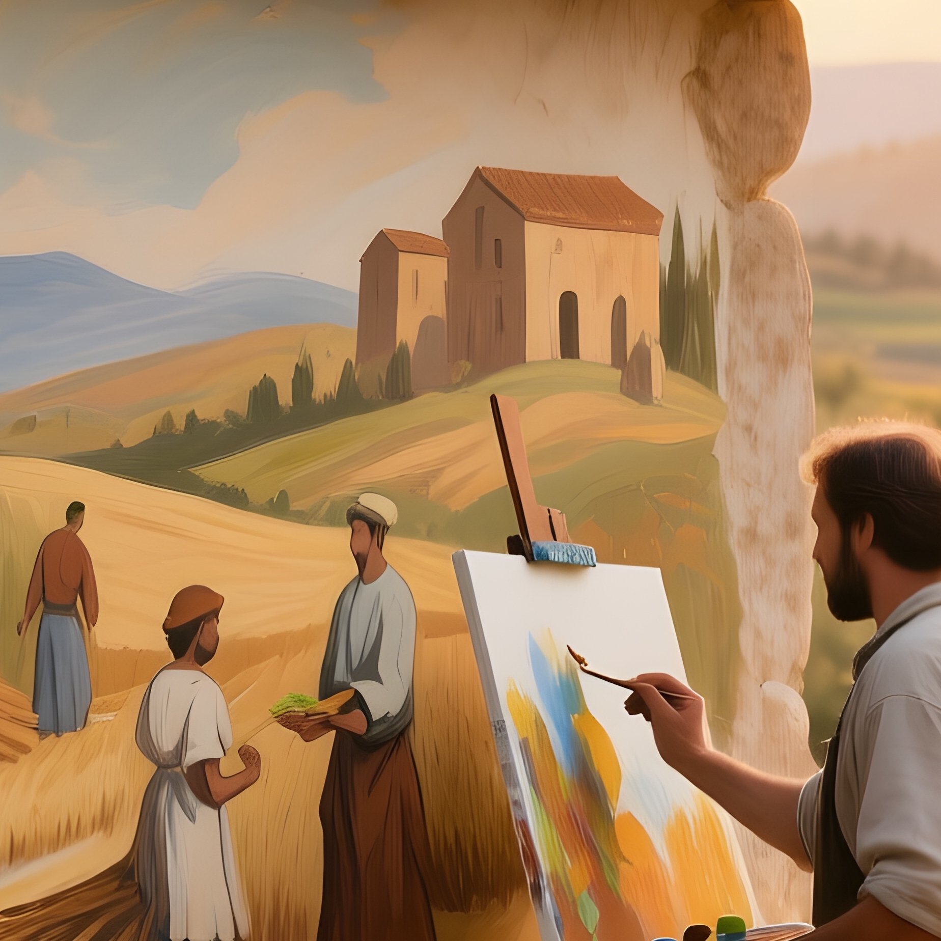 A Quiet Mediterranean Olive Grove At Golden Hour, Sun Filtering Through Leaves While An Artist - Full Resolution Quality Preview