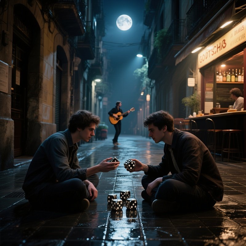 A Quiet Midnight Alley In Barcelona, Moonlight Reflecting Off Wet Tiles As Two Friends Play Gotscha