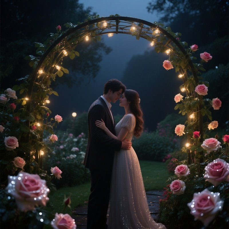 A Quiet Midnight Garden Of Roses, Dew Glistening On Petals, A Couple Embraces Beneath An Arched