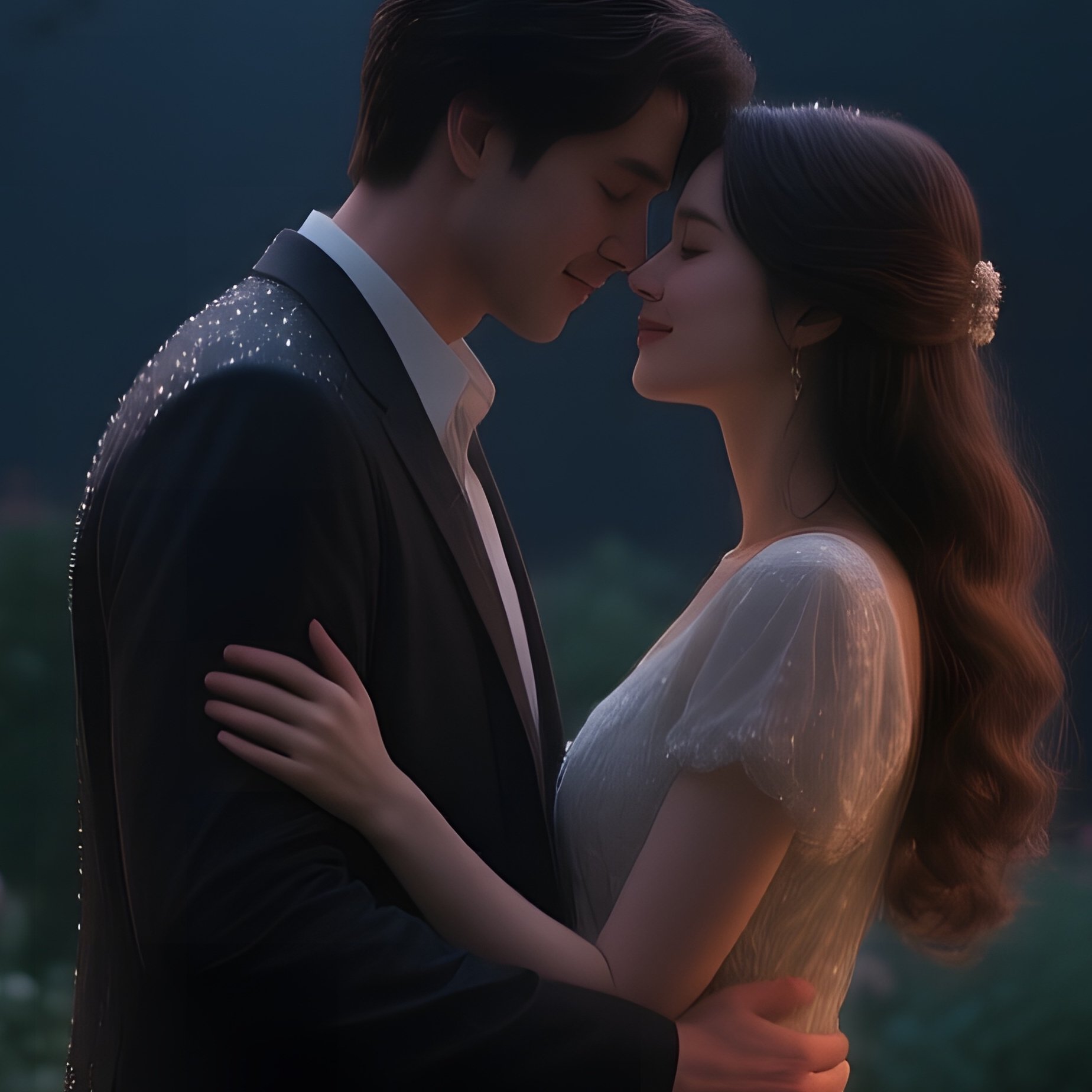 A Quiet Midnight Garden Of Roses, Dew Glistening On Petals, A Couple Embraces Beneath An Arched - Full Resolution Quality Preview