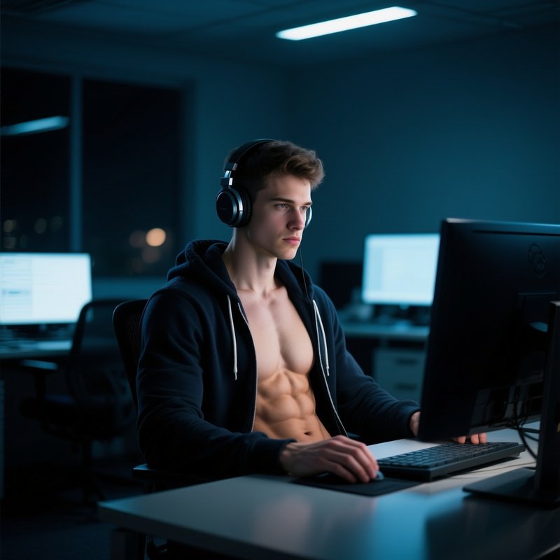 A Quiet Midnight Office With Only The Glow Of Monitors, A Fit Male Programmer In A Dark Hoodie, His