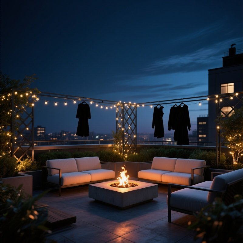A Quiet Midnight Rooftop Garden Illuminated By Fairy Lights Strung Between Steel Trellises, A Low