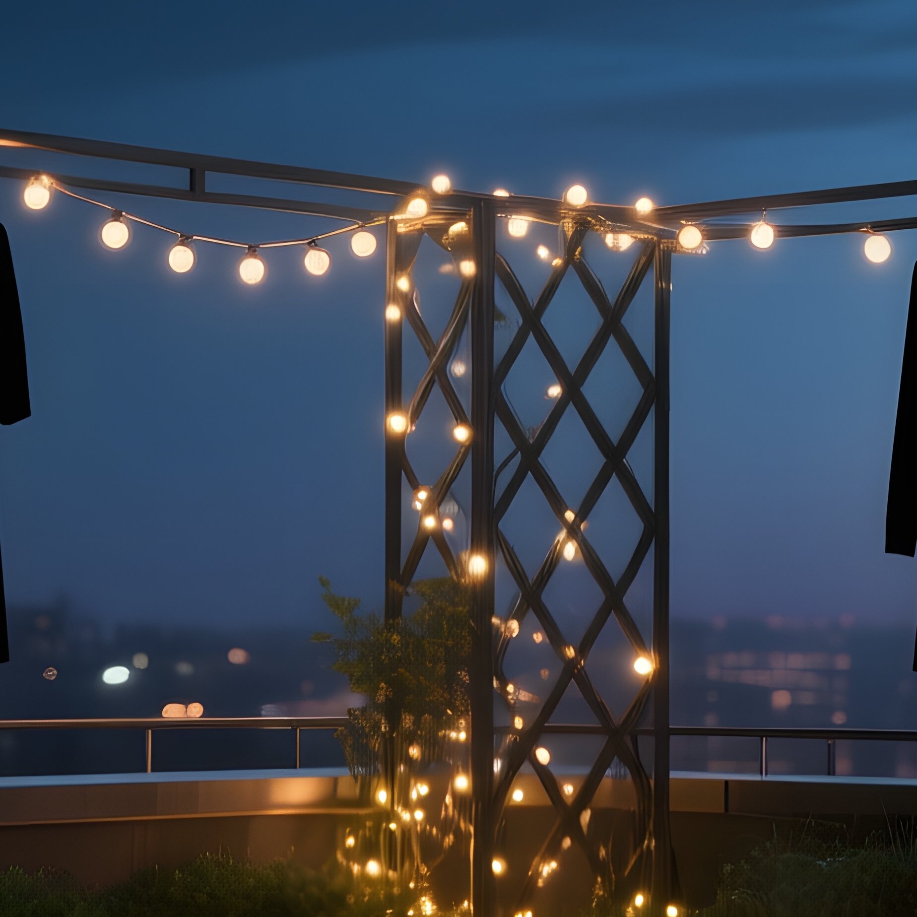 A Quiet Midnight Rooftop Garden Illuminated By Fairy Lights Strung Between Steel Trellises, A Low - Full Resolution Quality Preview