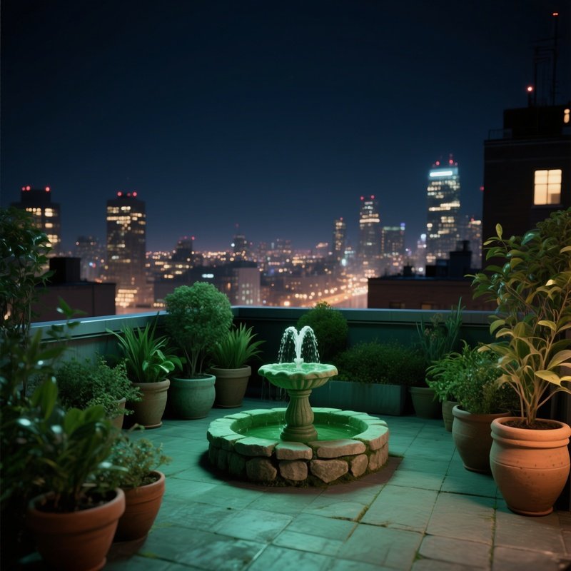 A Quiet Midnight Rooftop Garden In An Urban Setting, Potted Plants And A Small Fountain Made Of