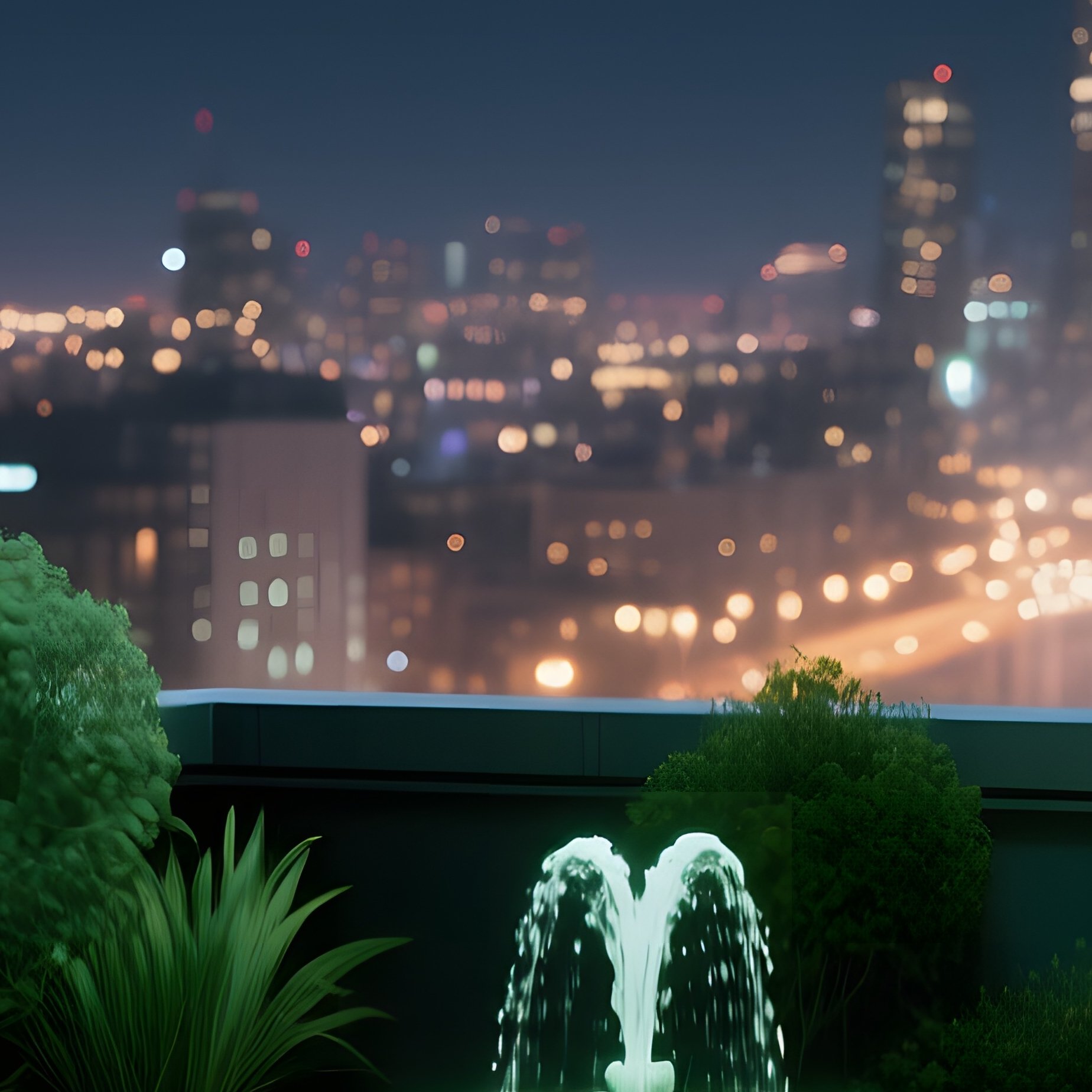 A Quiet Midnight Rooftop Garden In An Urban Setting, Potted Plants And A Small Fountain Made Of - Full Resolution Quality Preview