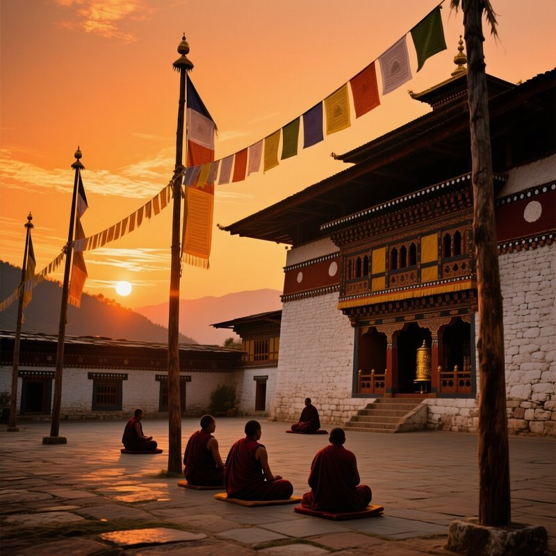 A Quiet Moment At A Bhutanese Dzong Prayer Flags Fluttering In The Wind Monks Chanting Softly As