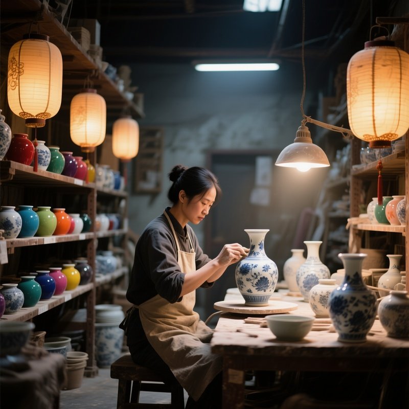 A Quiet Moment At A Chinese Porcelain Workshop, Artisans Shaping Delicate Vases Under Soft Lantern