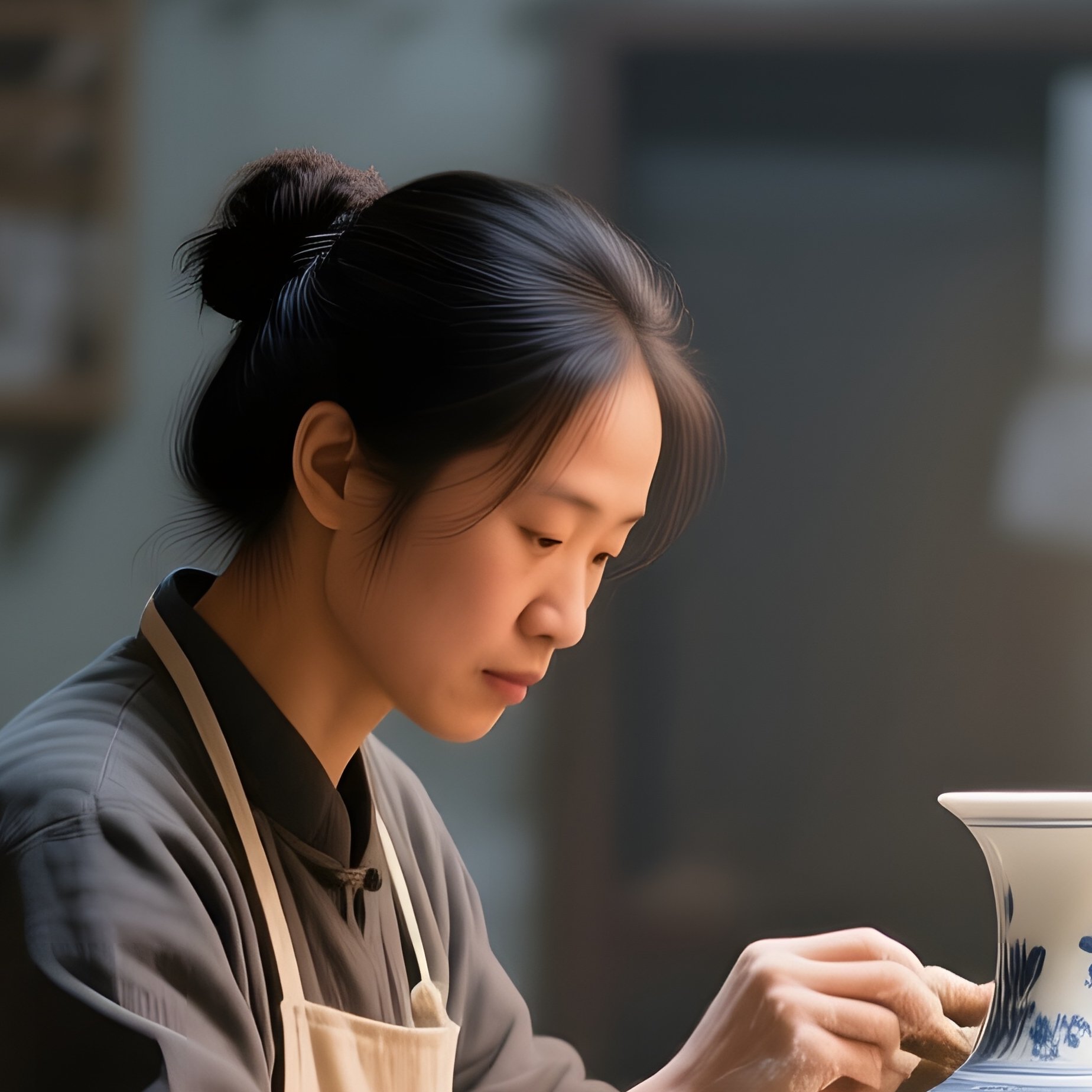 A Quiet Moment At A Chinese Porcelain Workshop, Artisans Shaping Delicate Vases Under Soft Lantern - Full Resolution Quality Preview