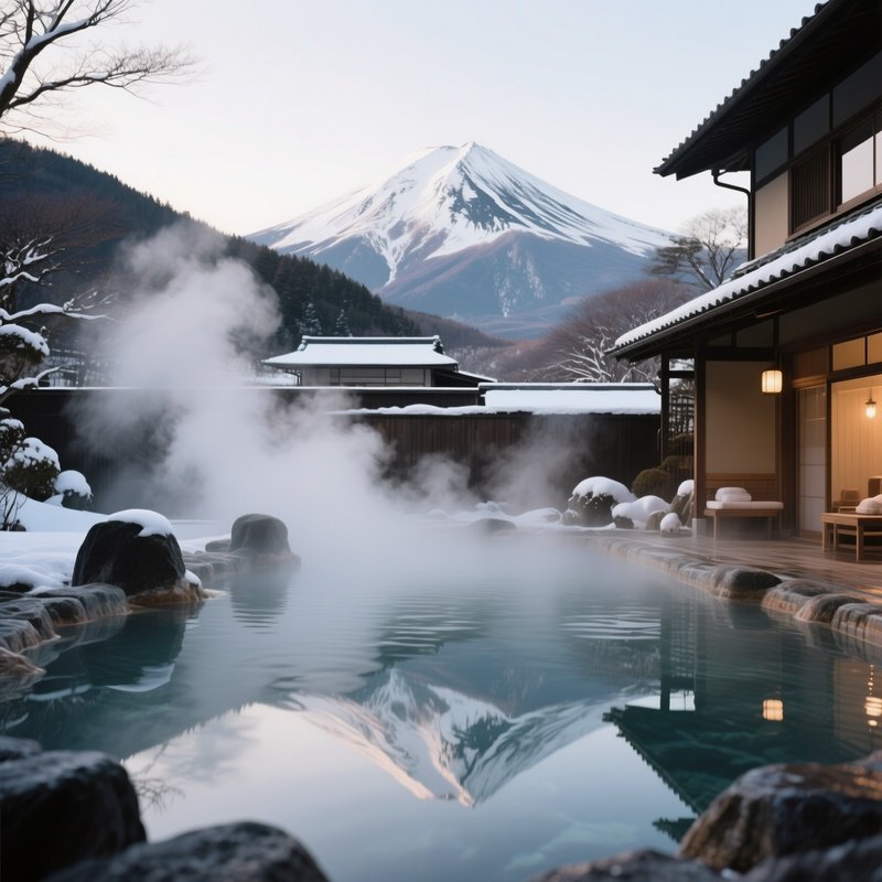 A Quiet Moment At A Japanese Hot Spring Resort, Steam Rising From Outdoor Baths, Snow Capped