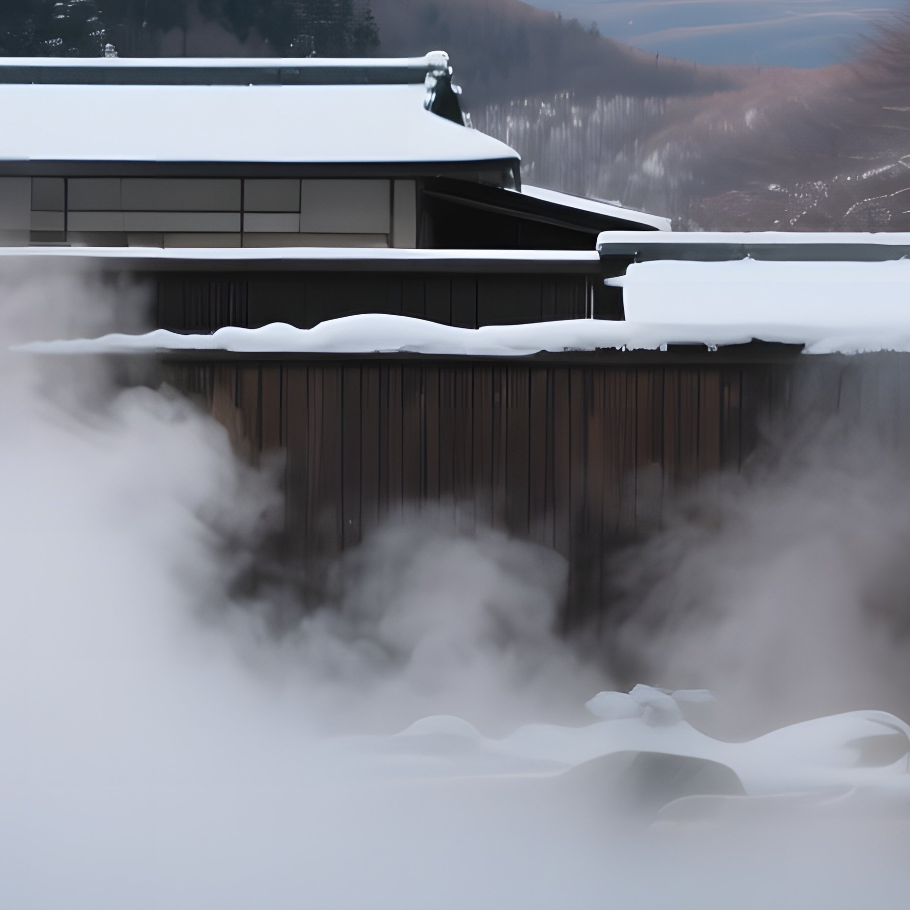 A Quiet Moment At A Japanese Hot Spring Resort, Steam Rising From Outdoor Baths, Snow Capped - Full Resolution Quality Preview
