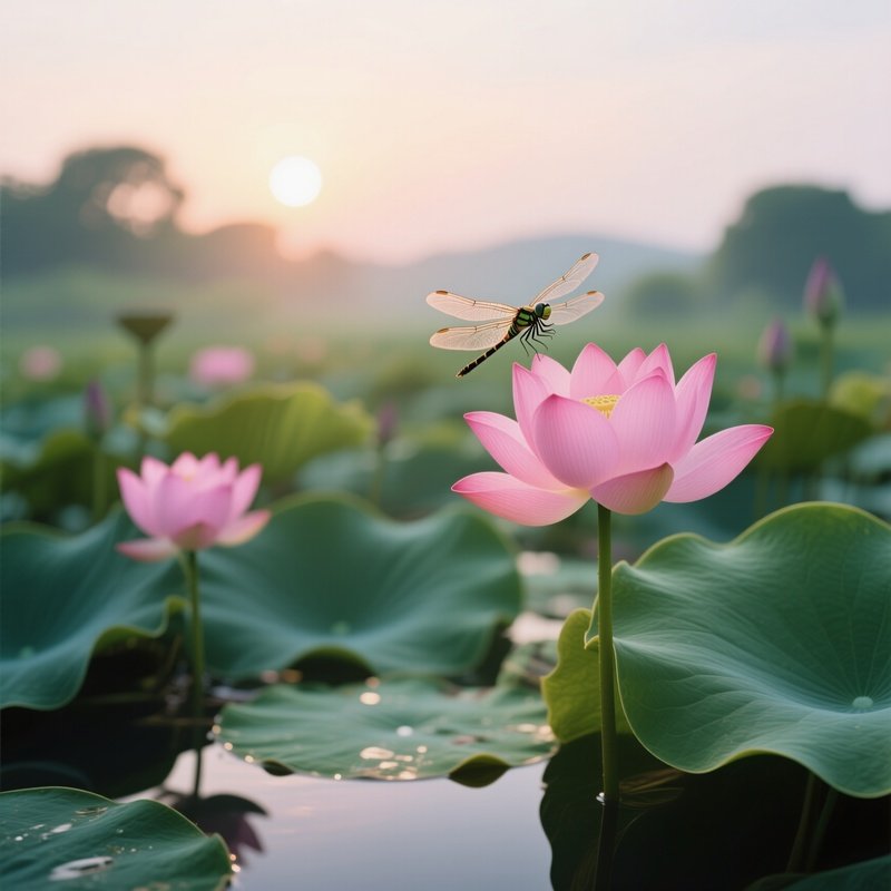 A Quiet Moment At A Vietnamese Lotus Pond, Pink Blossoms Opening Under Gentle Sunrise, Dragonflies