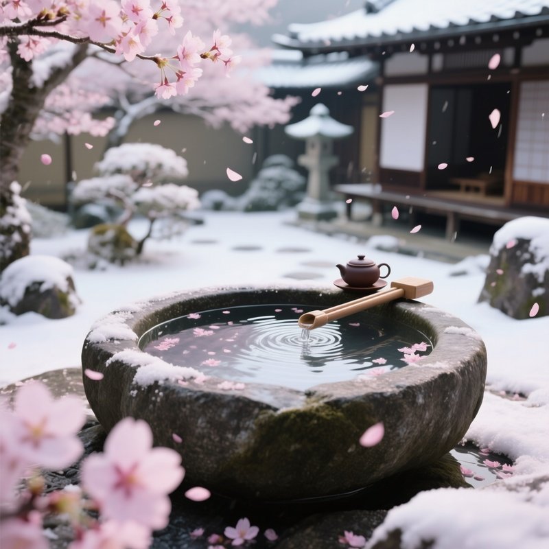 A Quiet Moment In A Kyoto Tea Ceremony Garden, Stone Basin Filled With Crystal Clear Water, Cherry