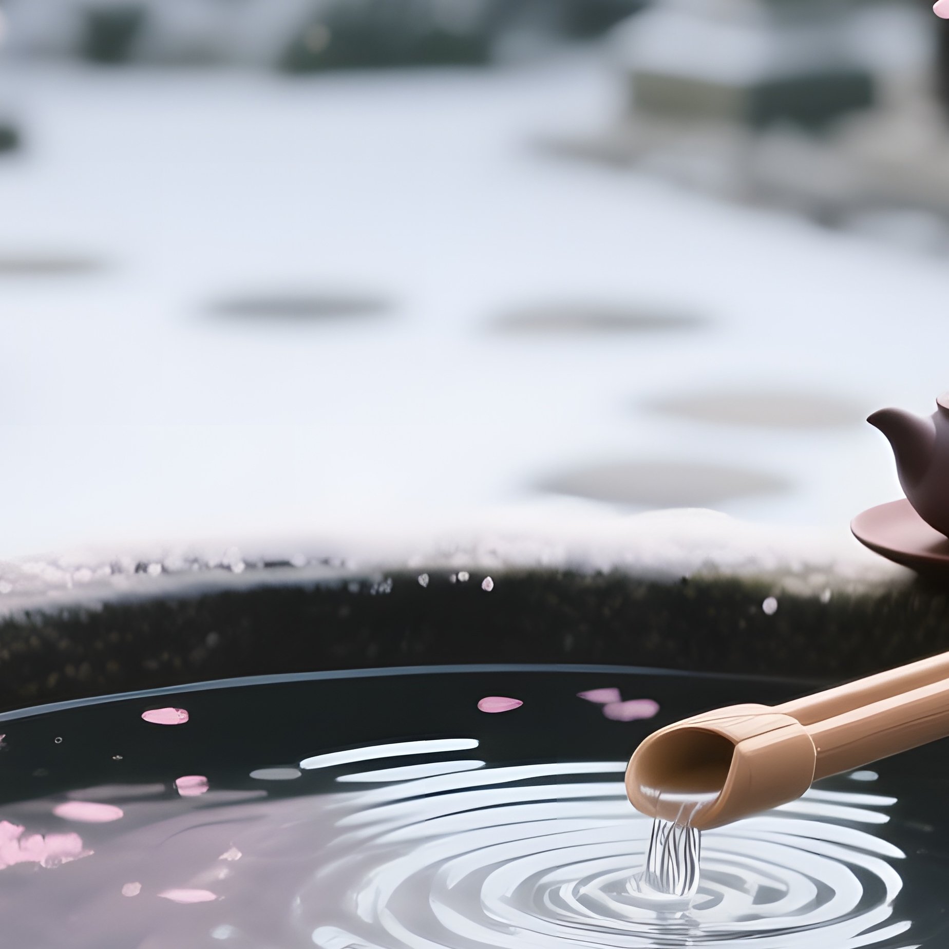 A Quiet Moment In A Kyoto Tea Ceremony Garden, Stone Basin Filled With Crystal Clear Water, Cherry - Full Resolution Quality Preview