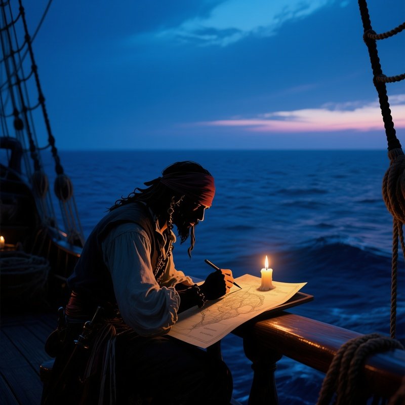A Quiet Moment On Deck At Dusk Where A Pirate Sketches A Map By Candlelight, His Silhouette
