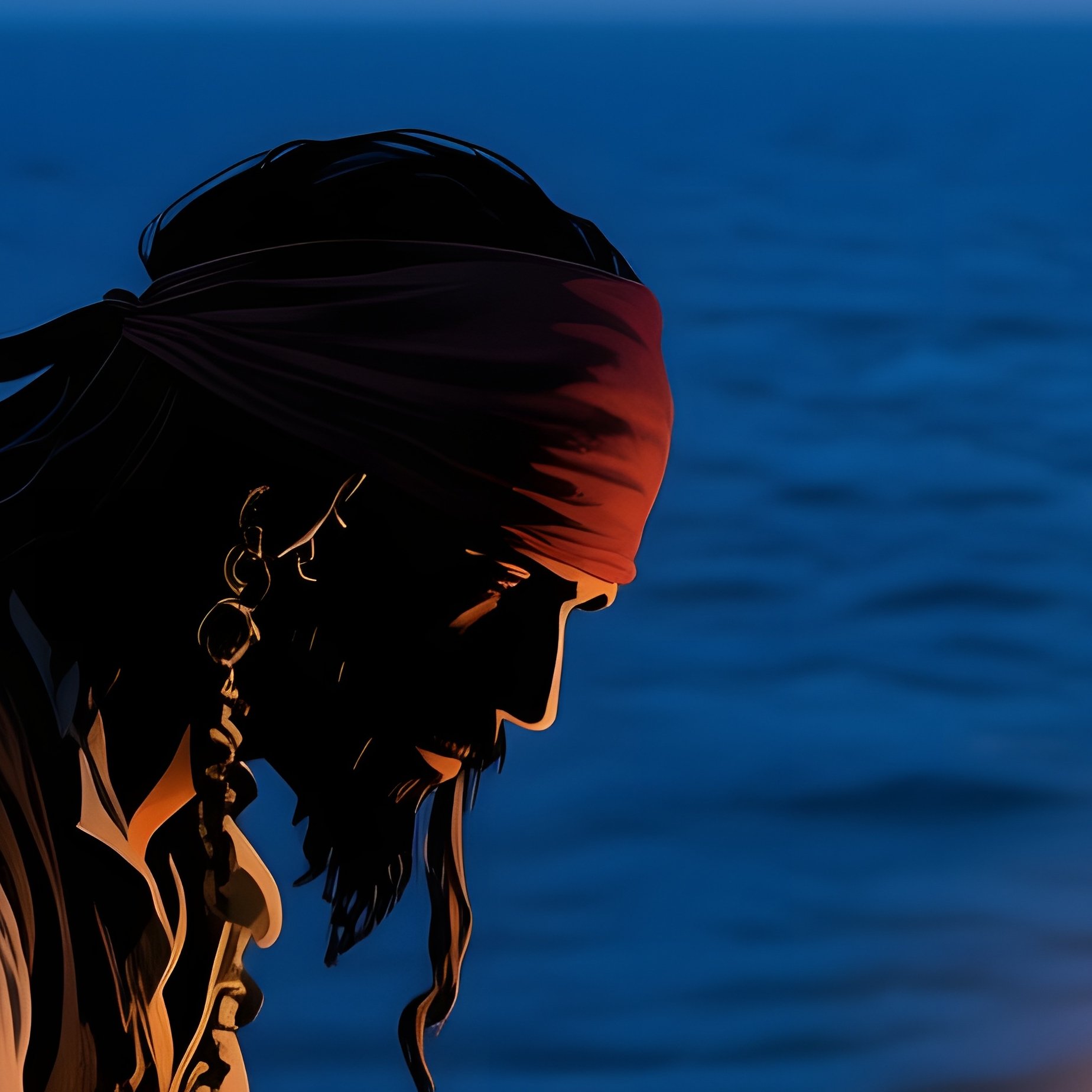 A Quiet Moment On Deck At Dusk Where A Pirate Sketches A Map By Candlelight, His Silhouette - Full Resolution Quality Preview