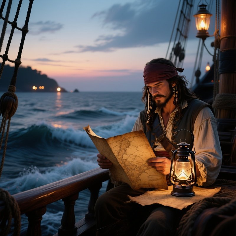 A Quiet Moment On Deck At Dusk With A Pirate Reading A Weathered Map By Oil Lamp, Waves Gently