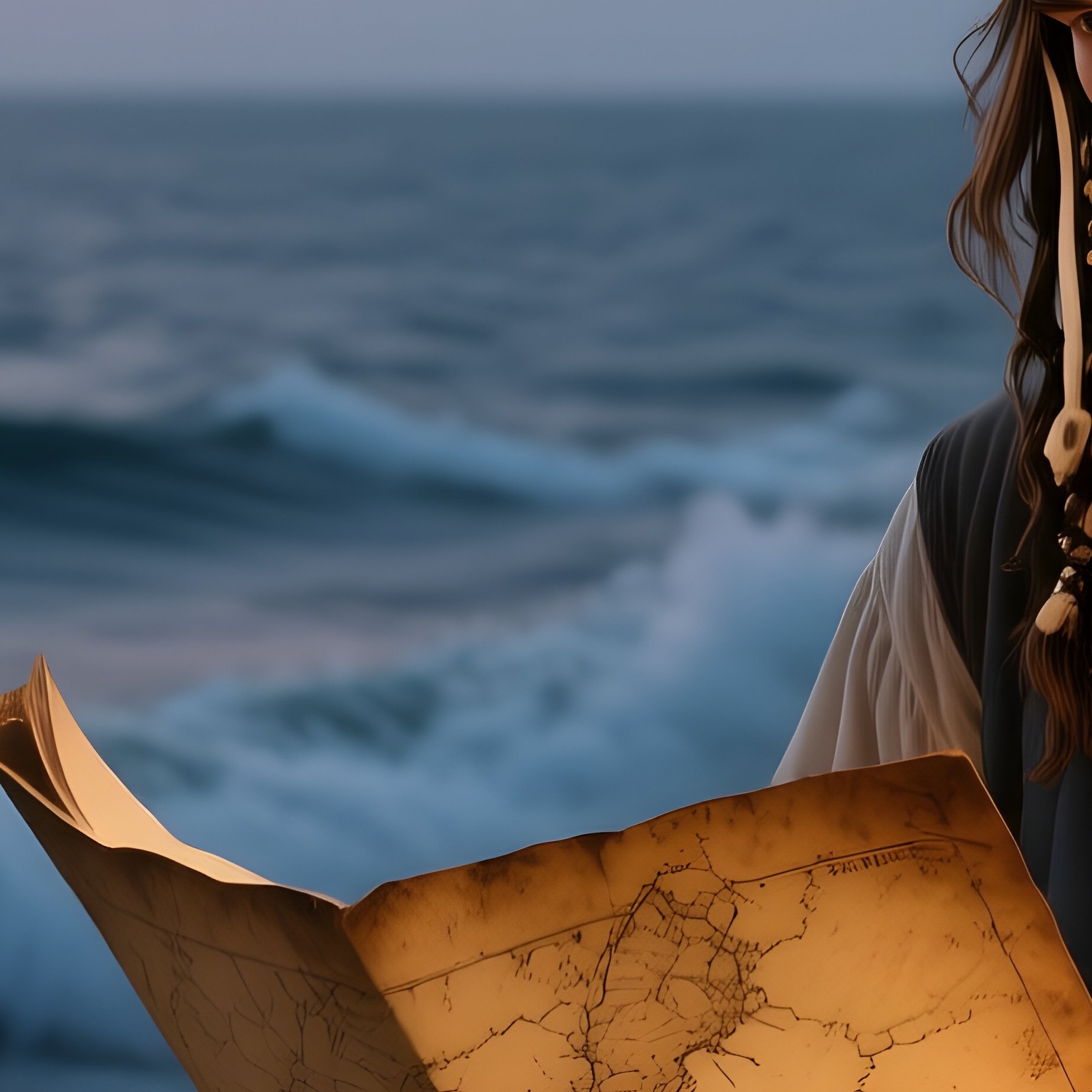 A Quiet Moment On Deck At Dusk With A Pirate Reading A Weathered Map By Oil Lamp, Waves Gently - Full Resolution Quality Preview