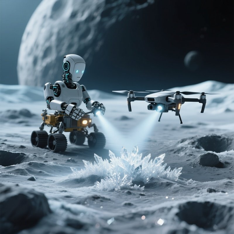 A Quiet Moment Where A Robotic Explorer Deploys A Small Drone Onto An Icy Asteroid’S Surface, The
