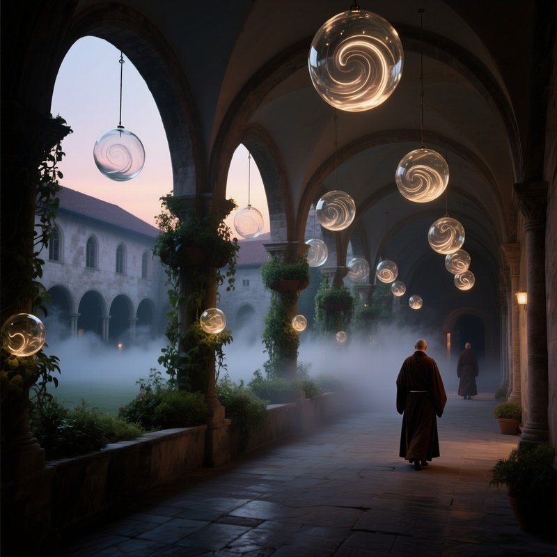 A Quiet Monastery Cloister At Dusk, Arches Support Hanging Gardens Of Glass Orbs Filled With