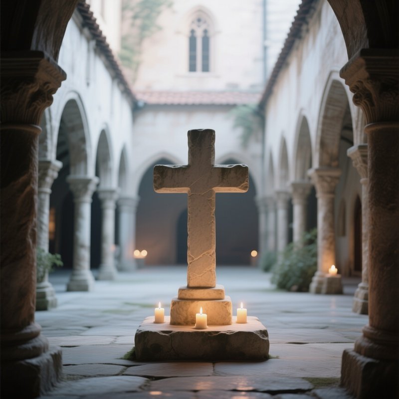 A Quiet Monastery Cloister With A Simple Limestone Cross Sculpture At Its Center, Soft Candlelight